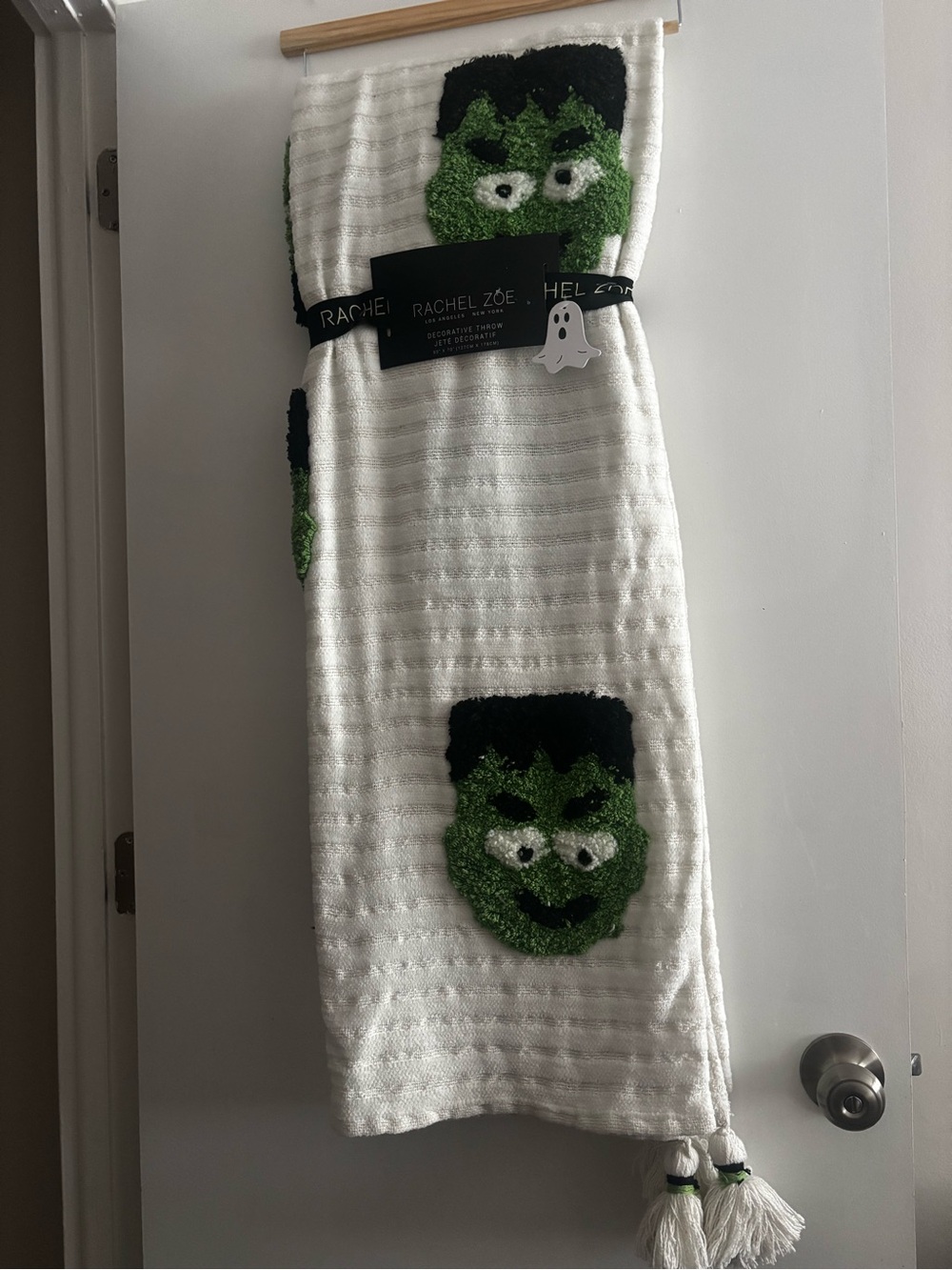 Rachel Zoe Halloween White Throw blanket with Green Frankenstein - Picture 1 of 2